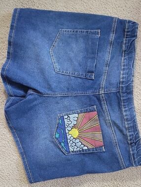 Denim Shorts with Colorful Sunset Pocket, Ooak Painted